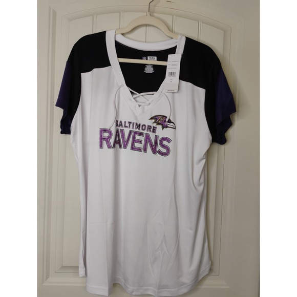 NFL Team Apparel Sweaters - NFL Team Apparel Baltimore Ravens NFL Shirt 1X White Purple Women Sparkle V Neck